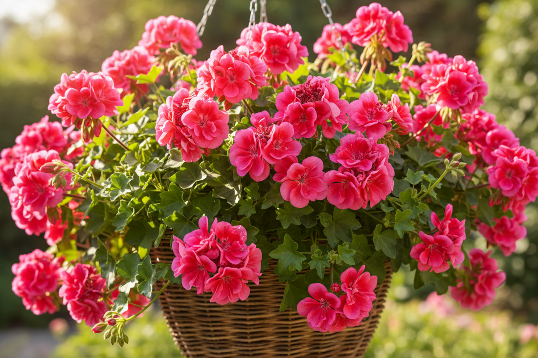 Vibrant pink ivy geraniums cascading from a hanging basket in full bloom