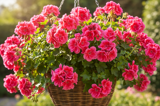 Vibrant pink ivy geraniums cascading from a hanging basket in full bloom