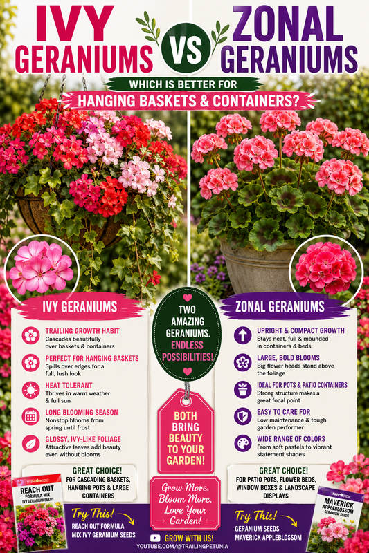 Ivy Geraniums and Zonal Geraniums compared side by side showing trailing hanging basket growth versus upright container growth with colorful blooms.