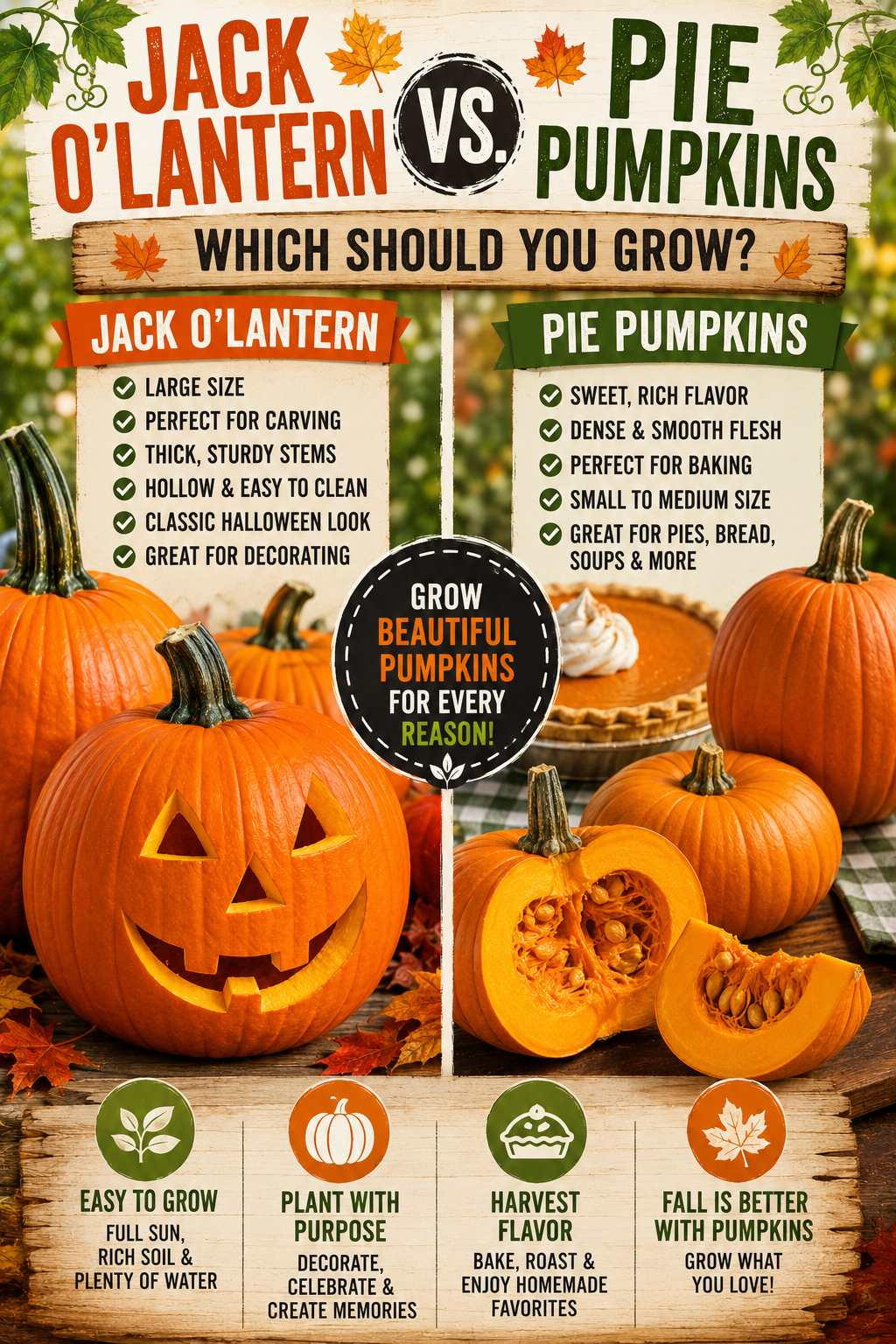 Jack O'Lantern pumpkins compared with pie pumpkins showing the differences between carving pumpkins and baking pumpkins for home gardens and fall harvests.