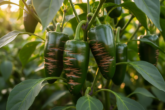 Jalapeño peppers growing on plant showing brown corking streaks — a sign of maturity and flavor