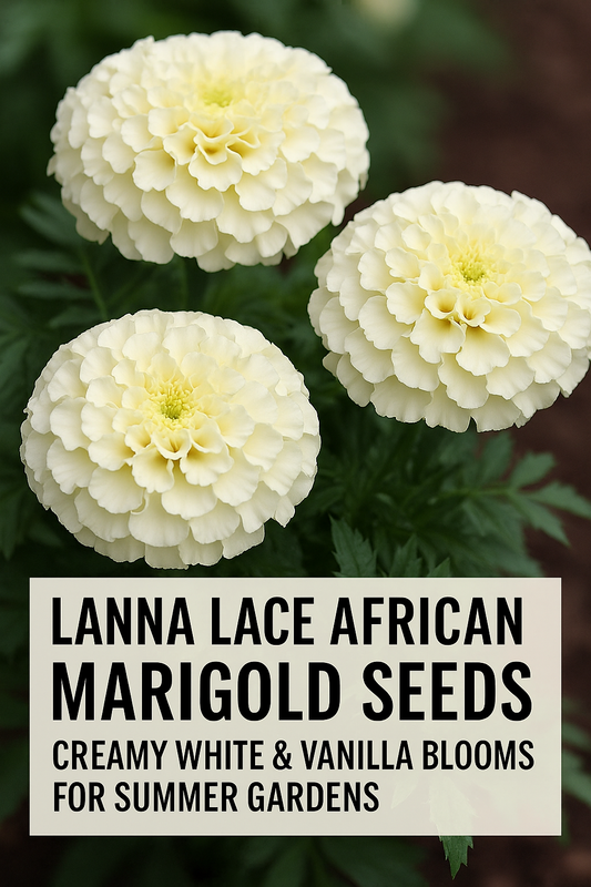 Creamy white Lanna Lace African Marigold flowers with full, double blooms and lush green foliage — the perfect vanilla-white marigold for summer gardens