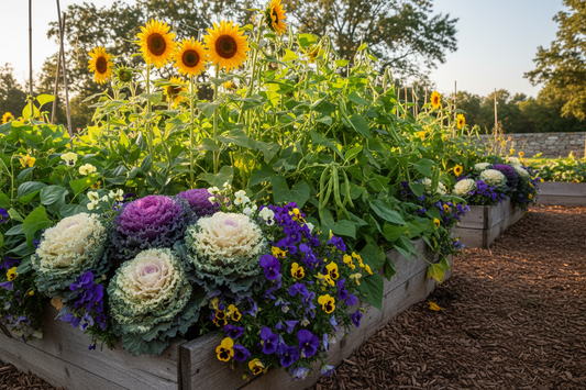 Late summer garden with ornamental kale, sunflowers, pansies, and bean plants ready for fall planting