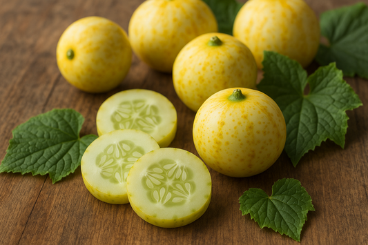 Lemon Cucumbers with bright yellow round fruit growing on the vine in the summer garden