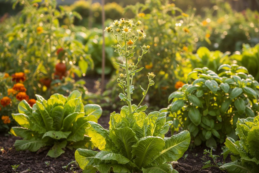 Lettuce plant bolting in a summer garden, sending up a tall flower stalk in the heat