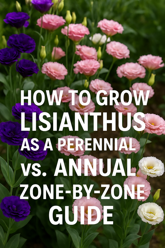 Lisianthus flowers in mixed colors showing their use as annuals in cool zones and short-lived perennials in warm climates, featured in a zone-by-zone growing guide