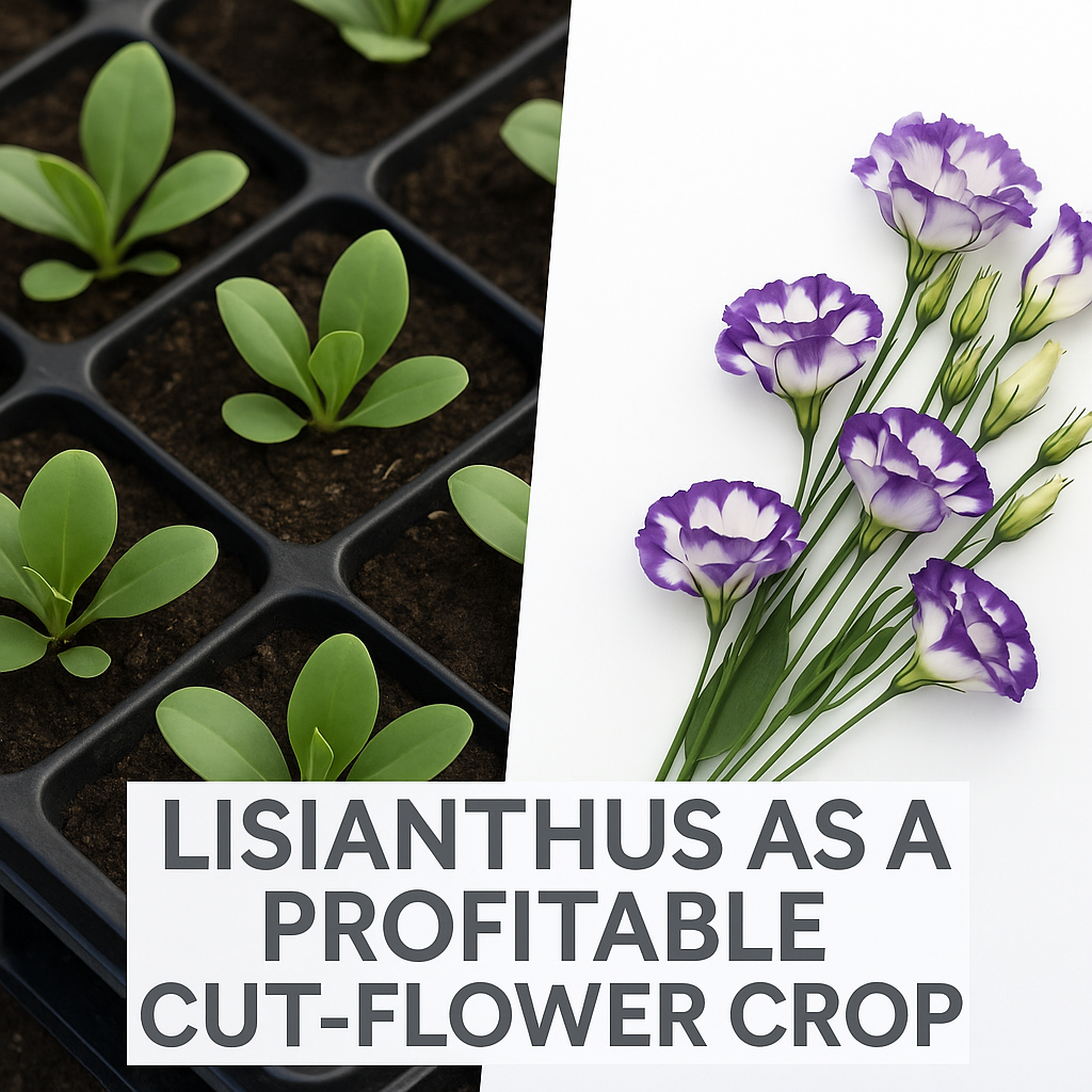 Lisianthus seedlings in trays and blooming purple and white lisianthus flowers, showing the journey from seed to profitable cut-flower crop
