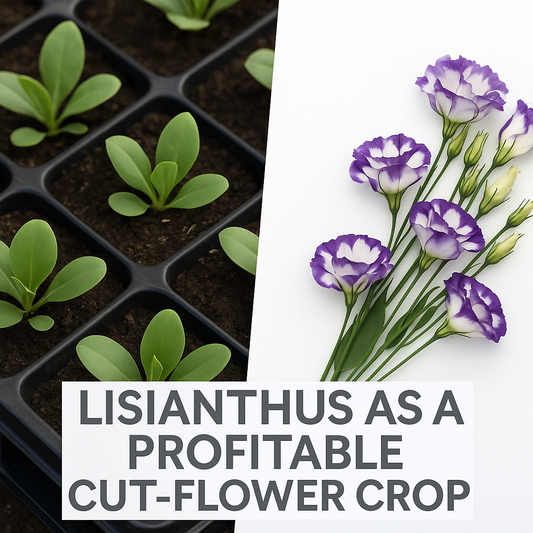 Lisianthus seedlings in trays and blooming purple and white lisianthus flowers, showing the journey from seed to profitable cut-flower crop