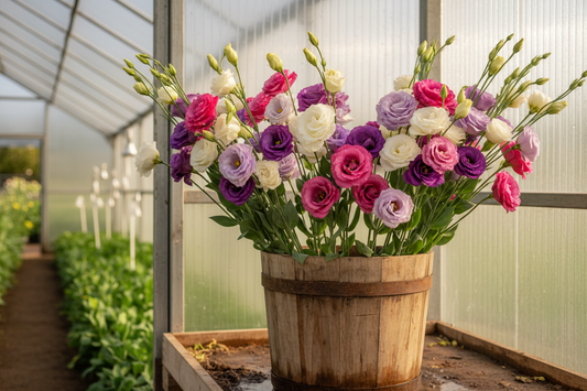Tall lisianthus cut flowers with strong stems in white, lavender, and pink, freshly harvested from a high tunnel flower farm