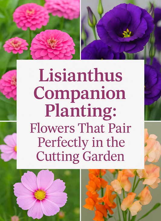 Lisianthus companion planting with zinnias, snapdragons, cosmos, sweet peas, and stock flowers in a colorful cutting garden design