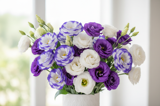  Lisianthus cut flowers in blue picotee, pure white, and violet blooming in a garden