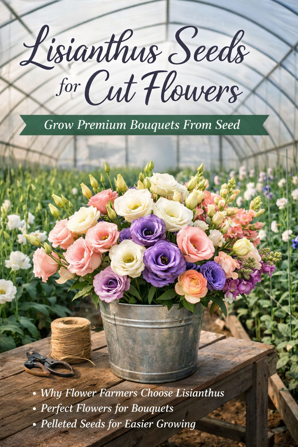 Lisianthus cut flowers growing in greenhouse used for premium bouquet arrangements grown from seed