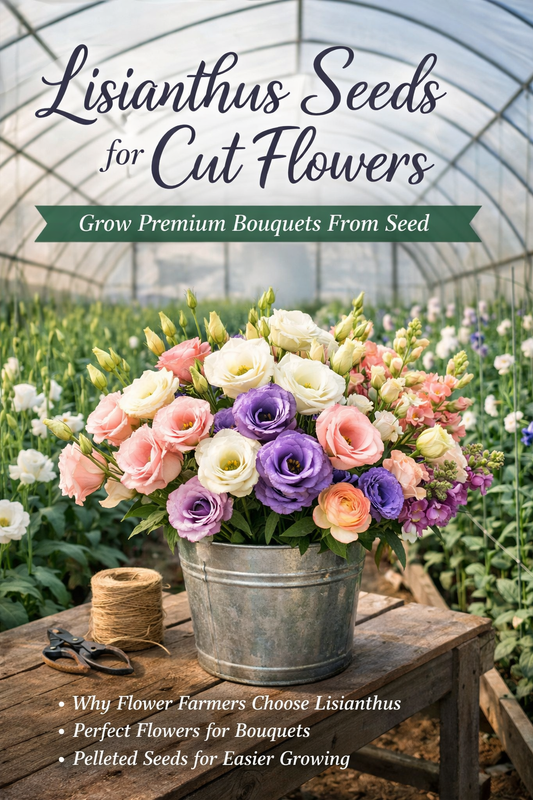 Lisianthus cut flowers growing in greenhouse used for premium bouquet arrangements grown from seed