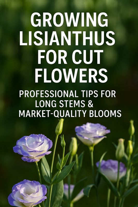 Lisianthus flowers in full bloom with long stems and soft pastel petals, highlighted against a lush green background. Text overlay reads “Growing Lisianthus for Cut Flowers – Professional Tips