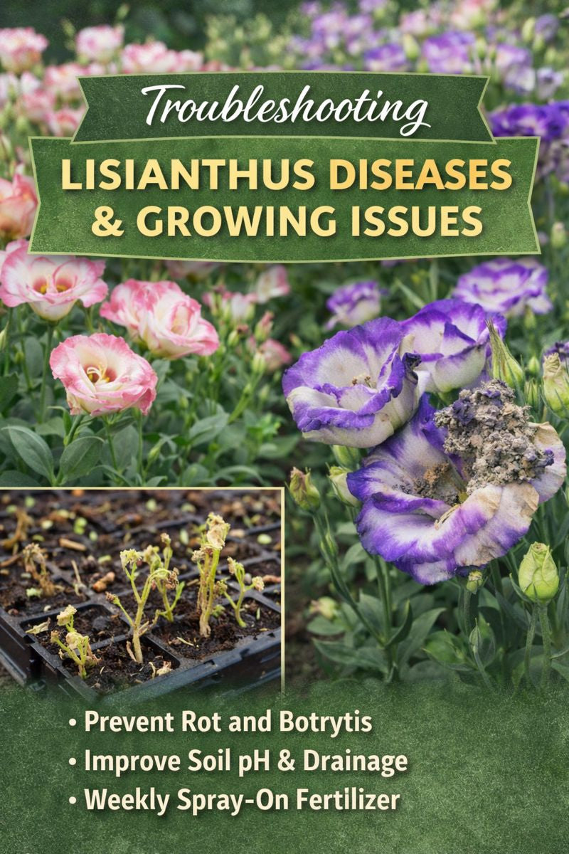 Lisianthus diseases and growing problems including botrytis, rot, and slow growth from seed