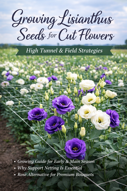 Purple and white lisianthus cut flowers growing in field with support netting for straight stems