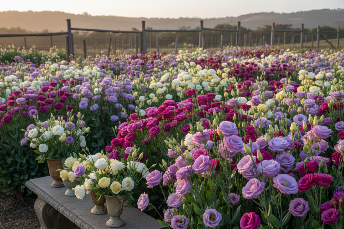 Lisianthus flowers in lavender, deep pink, white and yellow blooming in a cut flower garden