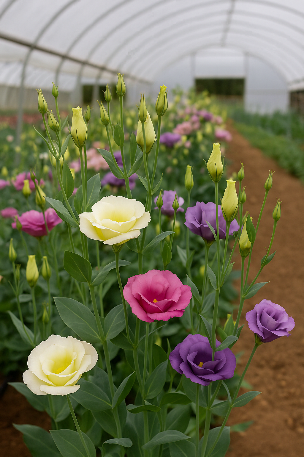 Lisianthus flowers growing in a high tunnel for cut flower bouquets
