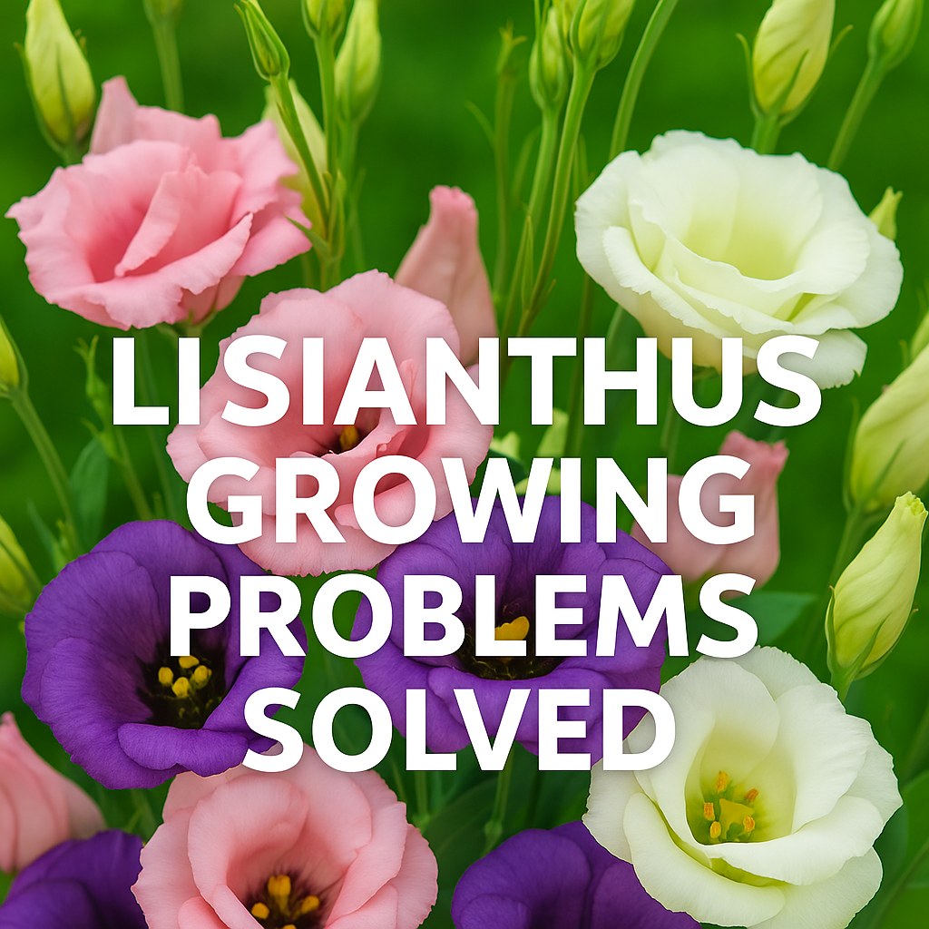 Lisianthus flowers in vibrant colors with text overlay 'Lisianthus Growing Problems Solved,' representing a troubleshooting guide for germination, pests, and diseases