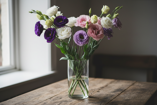 Beautiful lisianthus flowers in purple, white, and pink blooms cut and arranged in a vase, grown from seed
