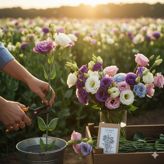 Hands harvesting a high-grade lisianthus stem in the cut flower field, showing the two-bud open rule for maximum vase life.