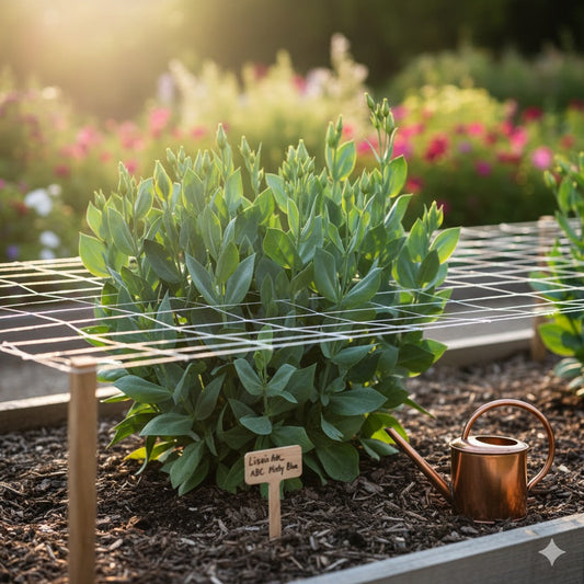Healthy lisianthus plants growing tall in a garden row with support netting, showing strong, straight stems ready for high-value cut flowers.