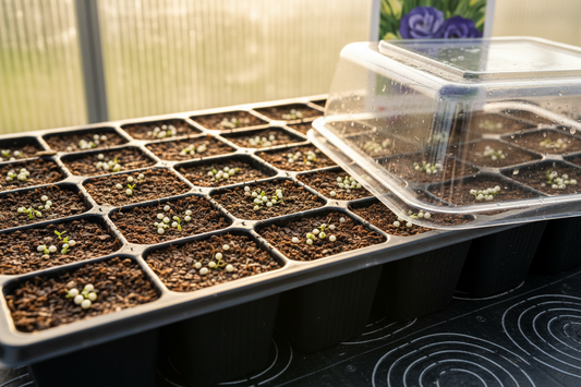 Lisianthus pelleted seeds surface-sown on fine germination mix in a professional plug tray