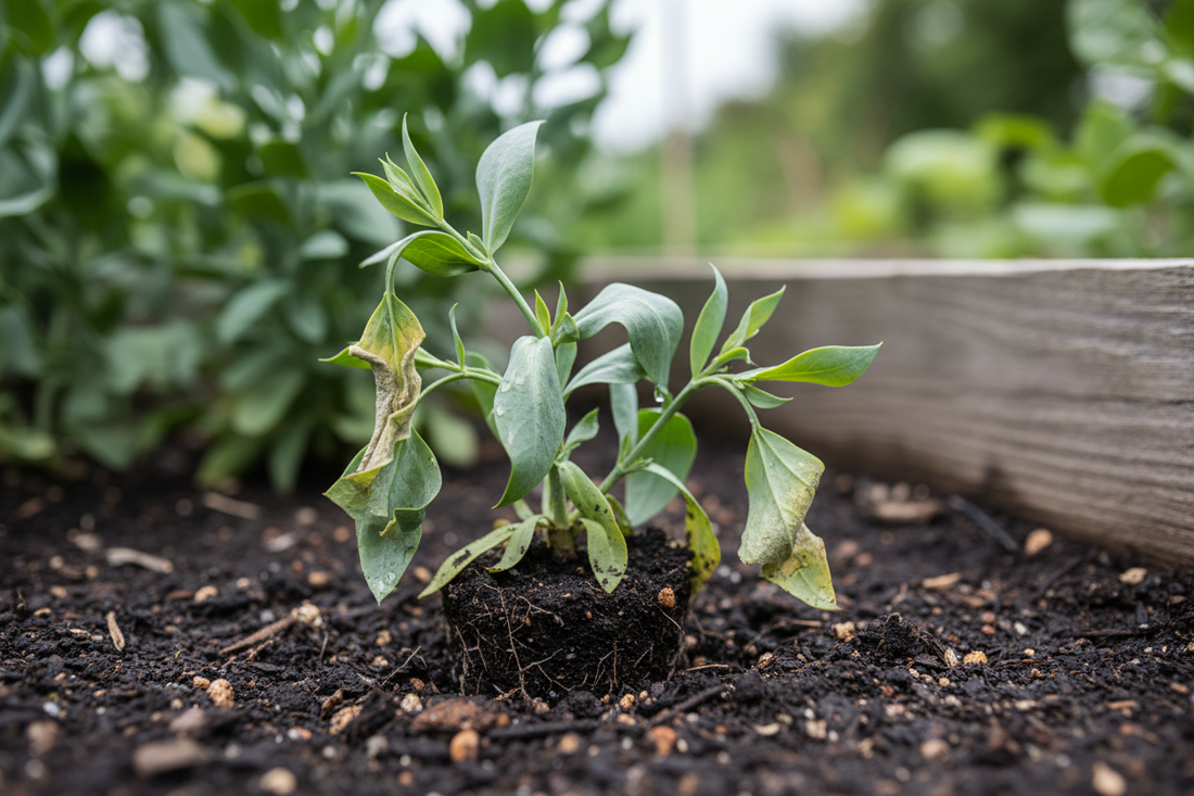 Lisianthus plug seedling wilting in garden bed after transplanting showing transplant shock