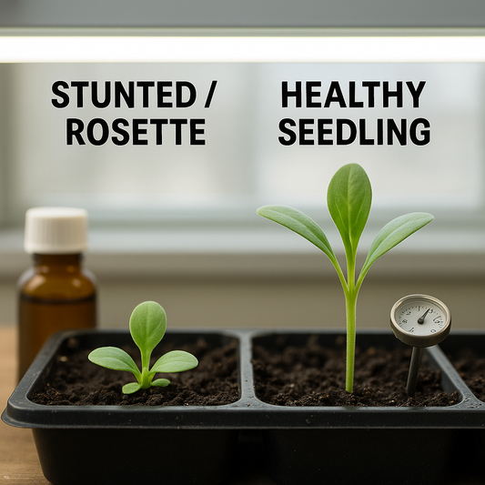 Comparison of a healthy Lisianthus seedling next to a stunted Lisianthus plant (rosetting) with a soil thermometer, illustrating cold-stress troubleshooting.