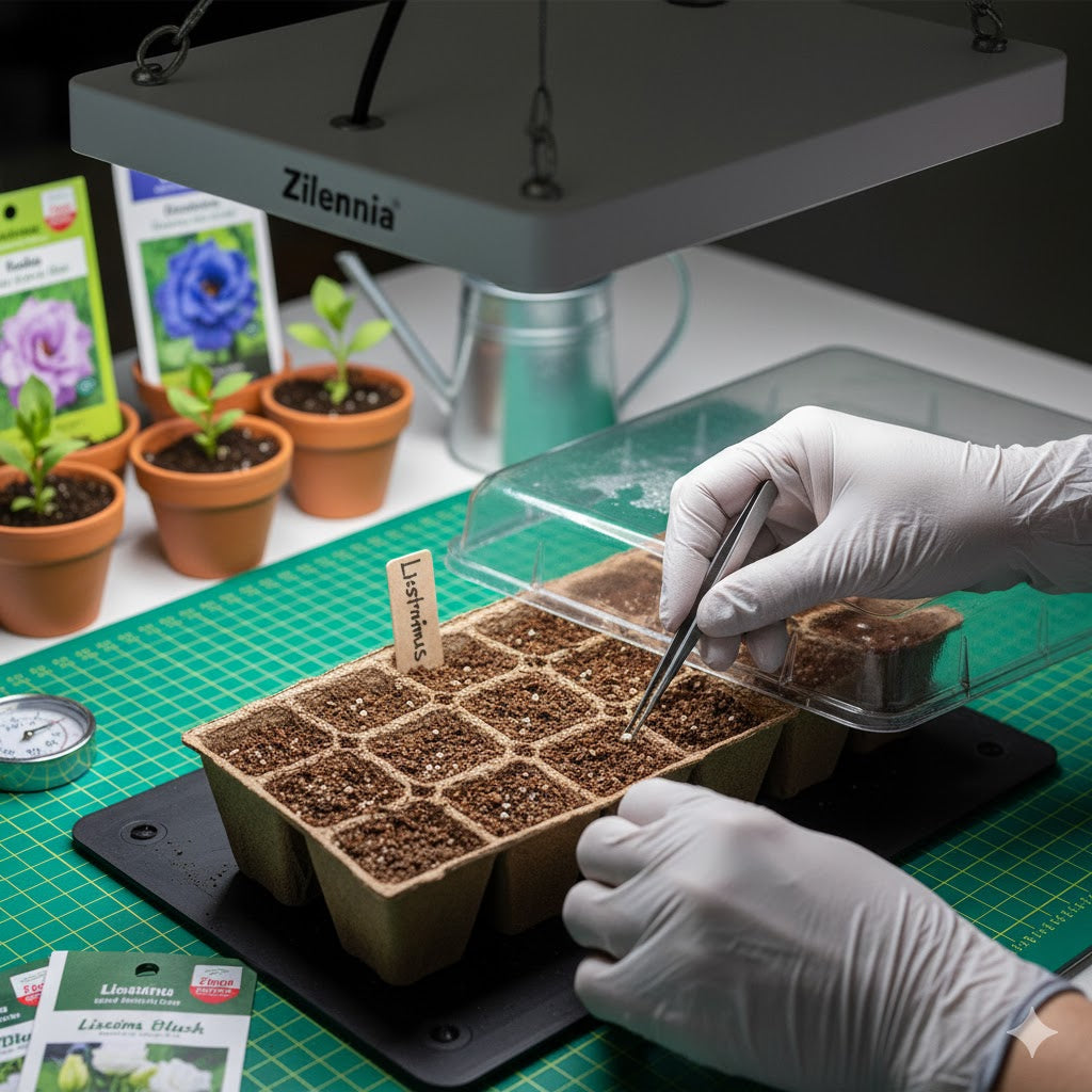 Hands planting tiny lisianthus seeds in a seed starting tray under grow lights with a humidity dome