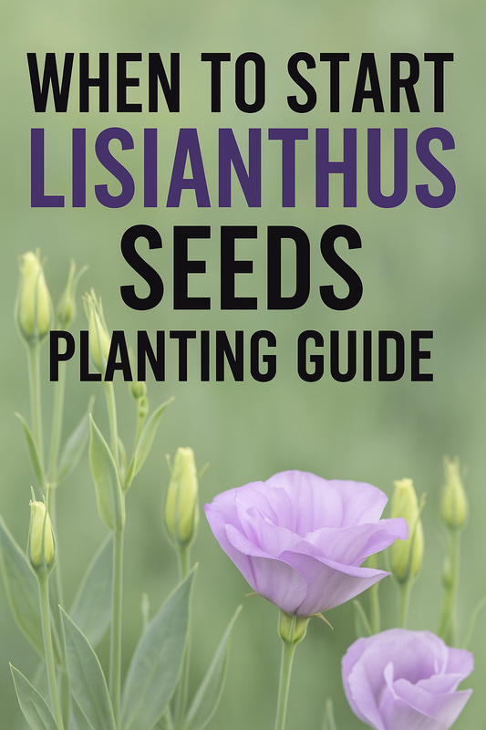 Lisianthus flowers blooming in soft pastel colors inside a greenhouse with text overlay reading “When to Start Lisianthus Seeds Indoors | Zone & Group Guide.” Perfect for gardeners learning seed-starting times by zone.