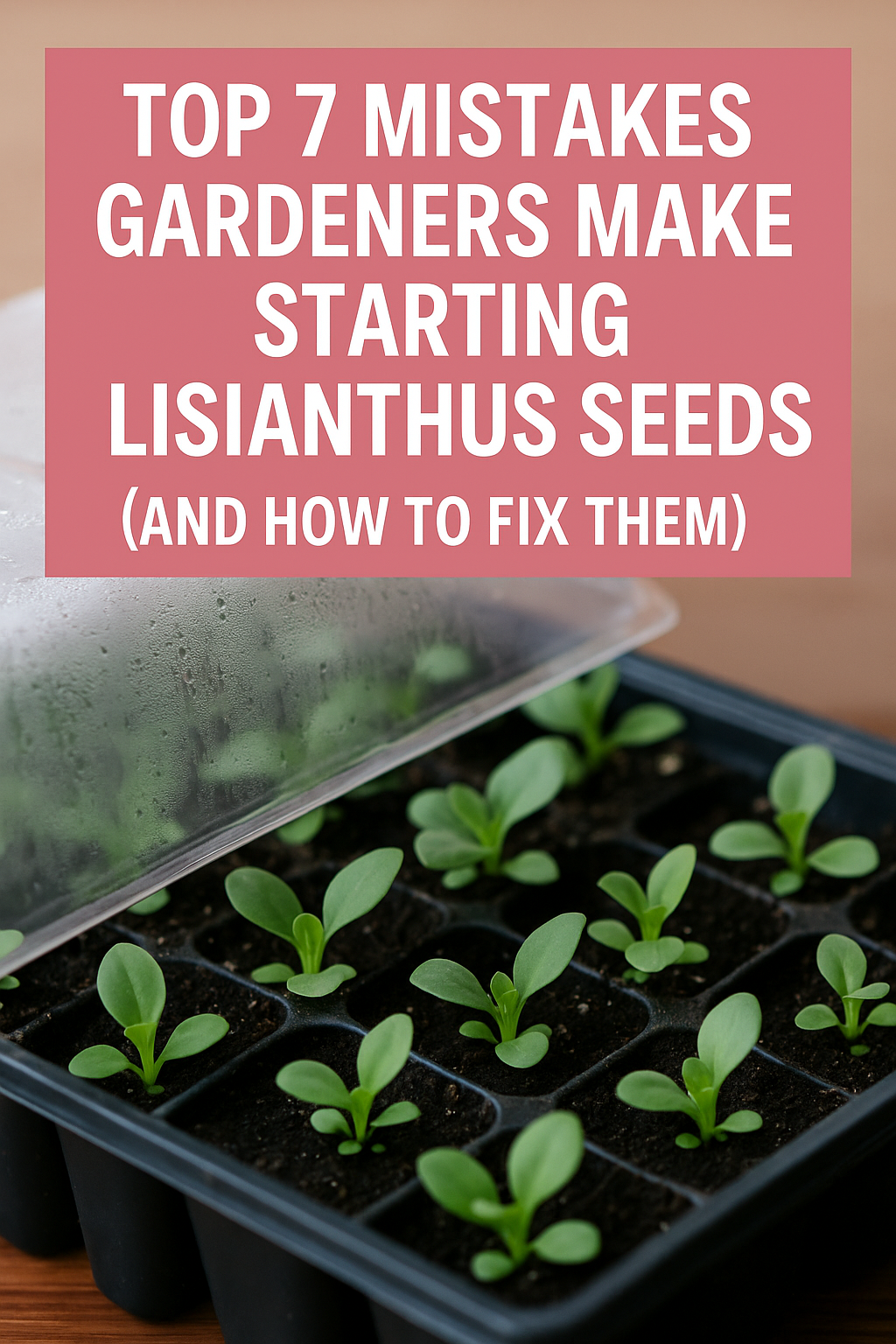 Lisianthus seedlings in trays under dome with overlay text: Top 7 Mistakes Starting Lisianthus Seeds