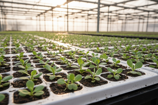 Tiny lisianthus seedlings in the rosette stage growing in a germination tray