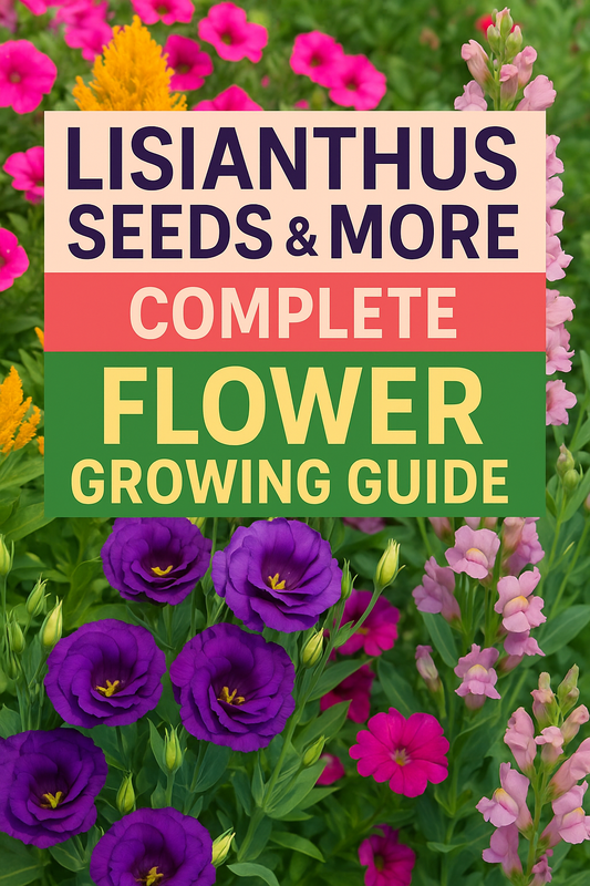 Bright, colorful image featuring Lisianthus, Celosia, Snapdragons, and Petunias in full bloom with text overlay reading “Lisianthus Seeds & More | Complete Flower Seed Growing Guide