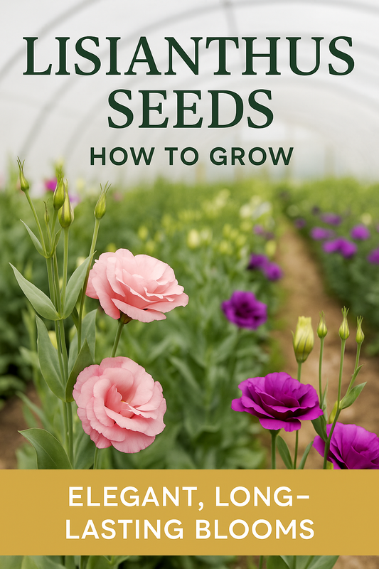 Lisianthus flowers in pastel pink and purple growing in a bright greenhouse with text overlay reading “Lisianthus Seeds | How to Grow Elegant, Long-Lasting Blooms.” Perfect Pinterest and Facebook thumbnail for gardeners and flower growers.