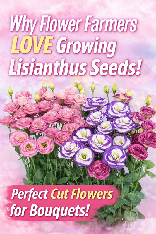 Lisianthus cut flowers in pink, purple, and white showing premium blooms grown from seed, perfect for bouquets and flower farming