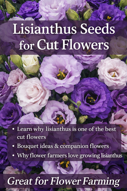 Lisianthus flowers in purple pink and white grown from lisianthus seeds for cut flower bouquets and flower farming