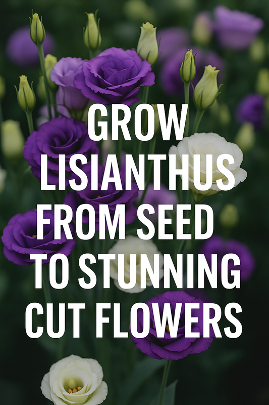 Lisianthus flowers in bloom with text overlay Grow Lisianthus from Seed to Stunning Cut Flowers – guide to growing lisianthus seeds for cut flowers