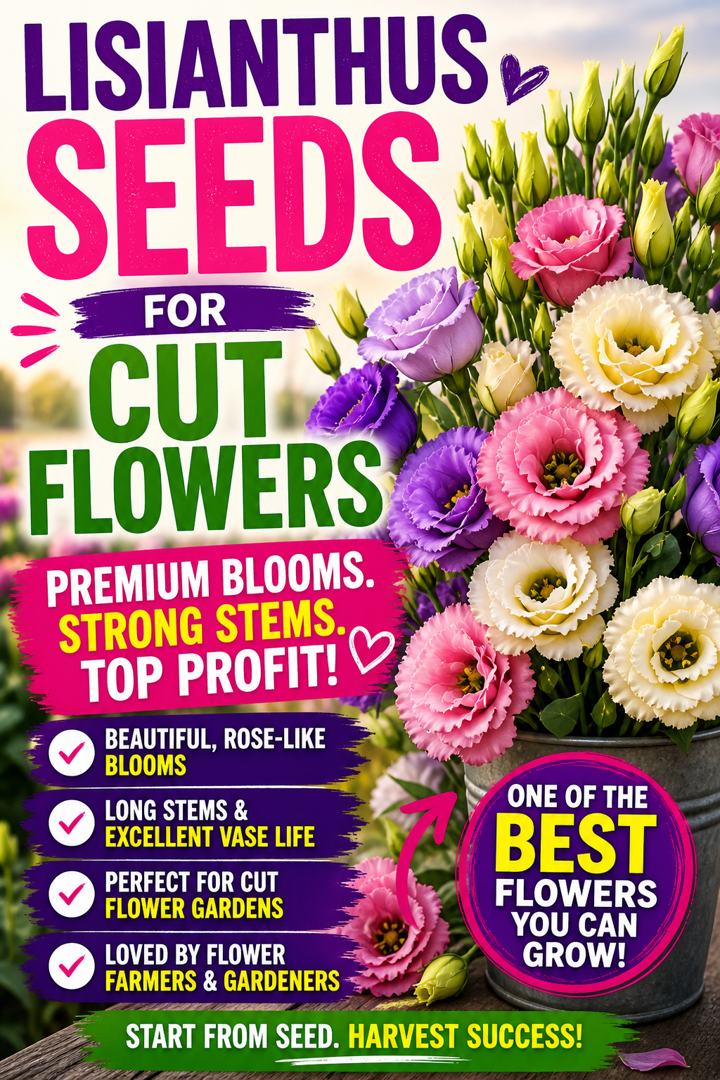 Lisianthus flowers in pink, purple, and white showing premium blooms grown from lisianthus seeds for cut flower production with strong stems and long vase life