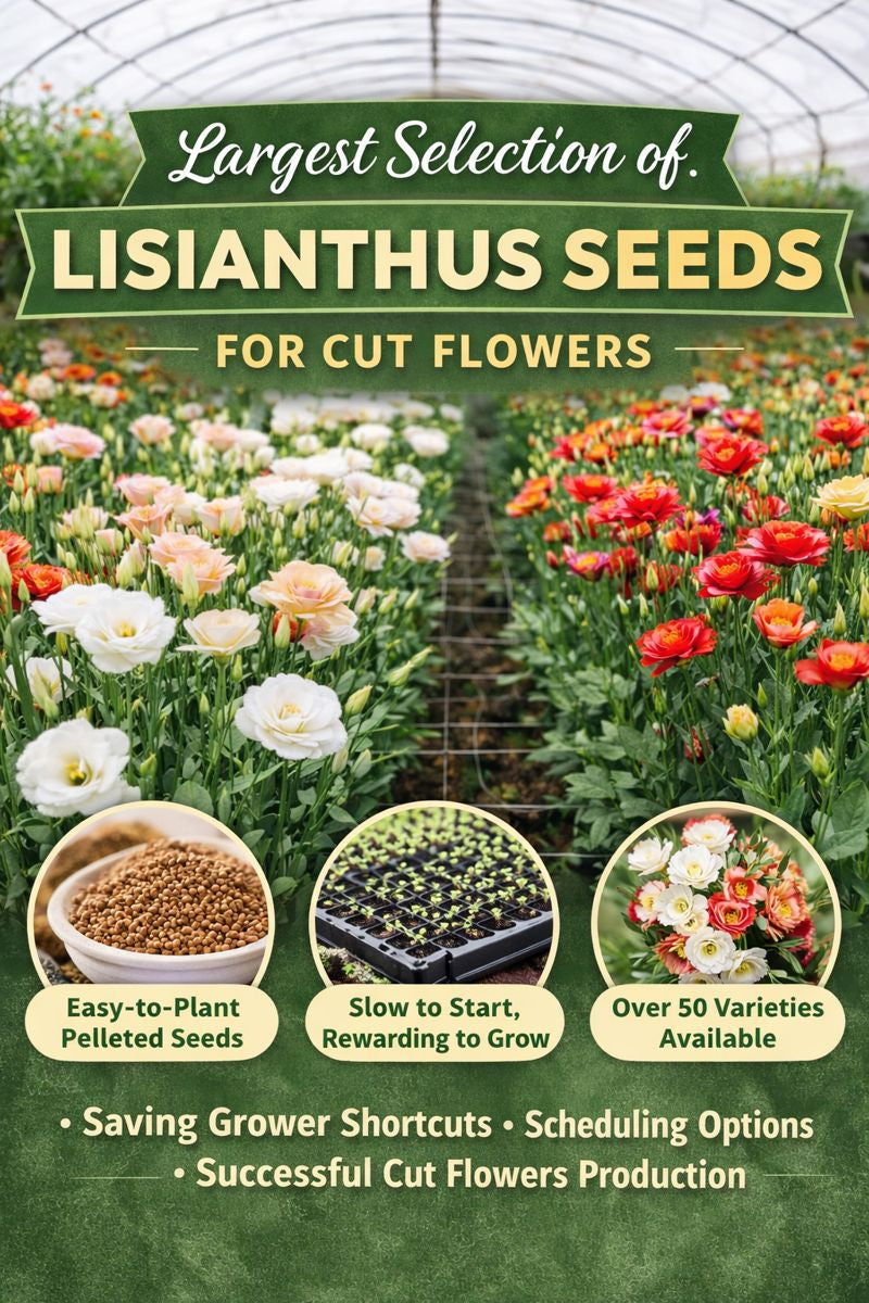 Lisianthus seeds for cut flowers growing in a high tunnel with red, orange, and white blooms