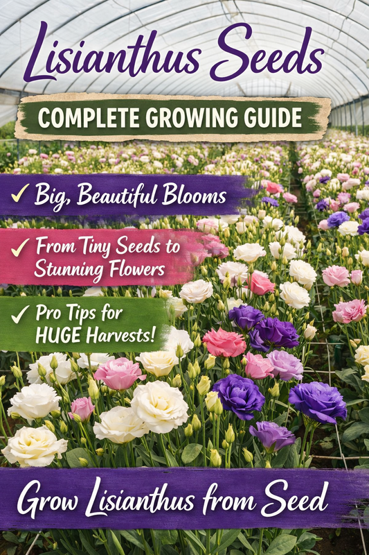 Lisianthus flowers growing in a greenhouse with large blooms in pink, purple, and white, showing how to grow lisianthus seeds for premium cut flowers from seed.