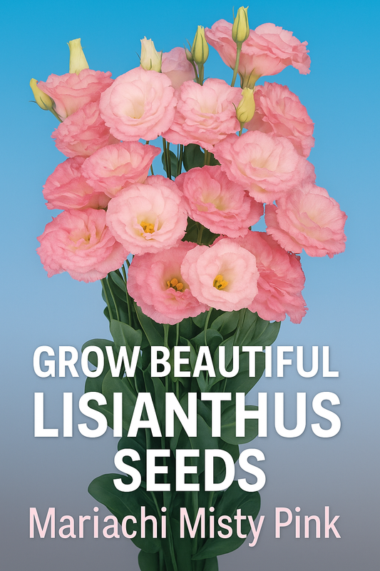Lisianthus Mariachi Misty Pink flowers in bloom with soft pastel pink petals, premium lisianthus seeds for cut flower gardens and professional growers