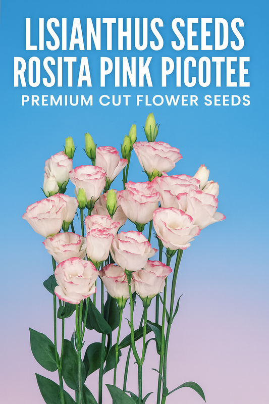 Lisianthus Rosita Pink Picotee flowers with white petals edged in pink, premium lisianthus seeds for cut flower growers and gardeners