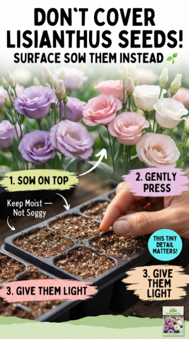 Pelleted lisianthus seeds placed on the surface of moist seed-starting mix in a plug tray — correct surface sowing method