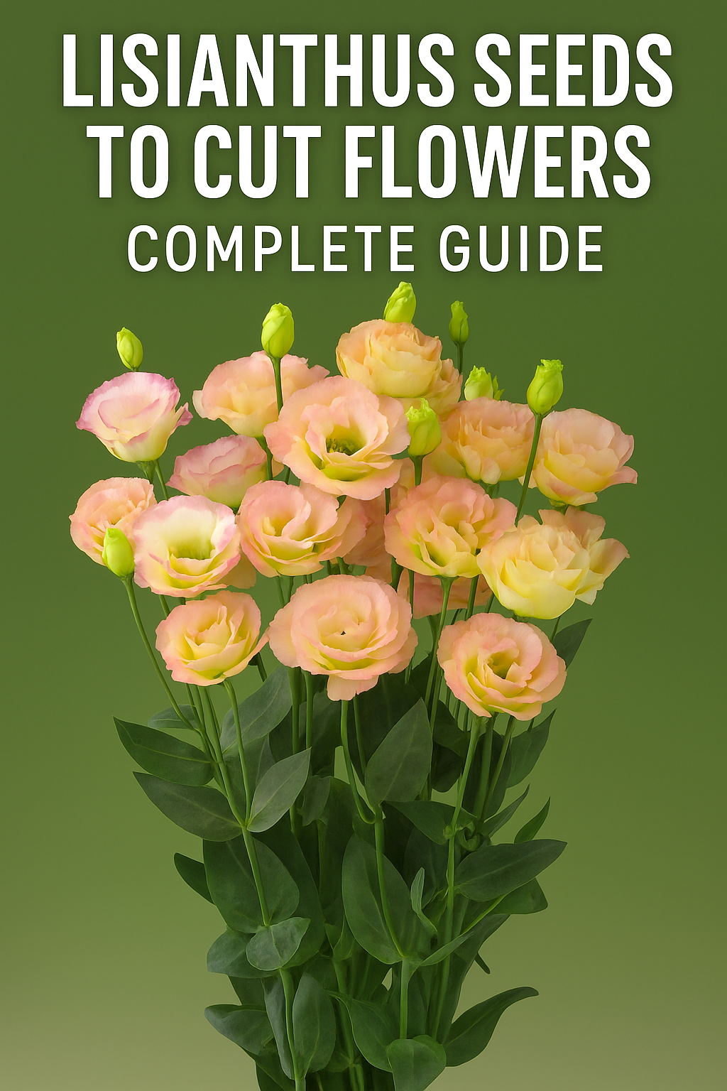 Beautiful lisianthus cut flowers in pink, champagne, and white shades with text overlay reading Lisianthus Seeds to Cut Flowers – Complete Guide