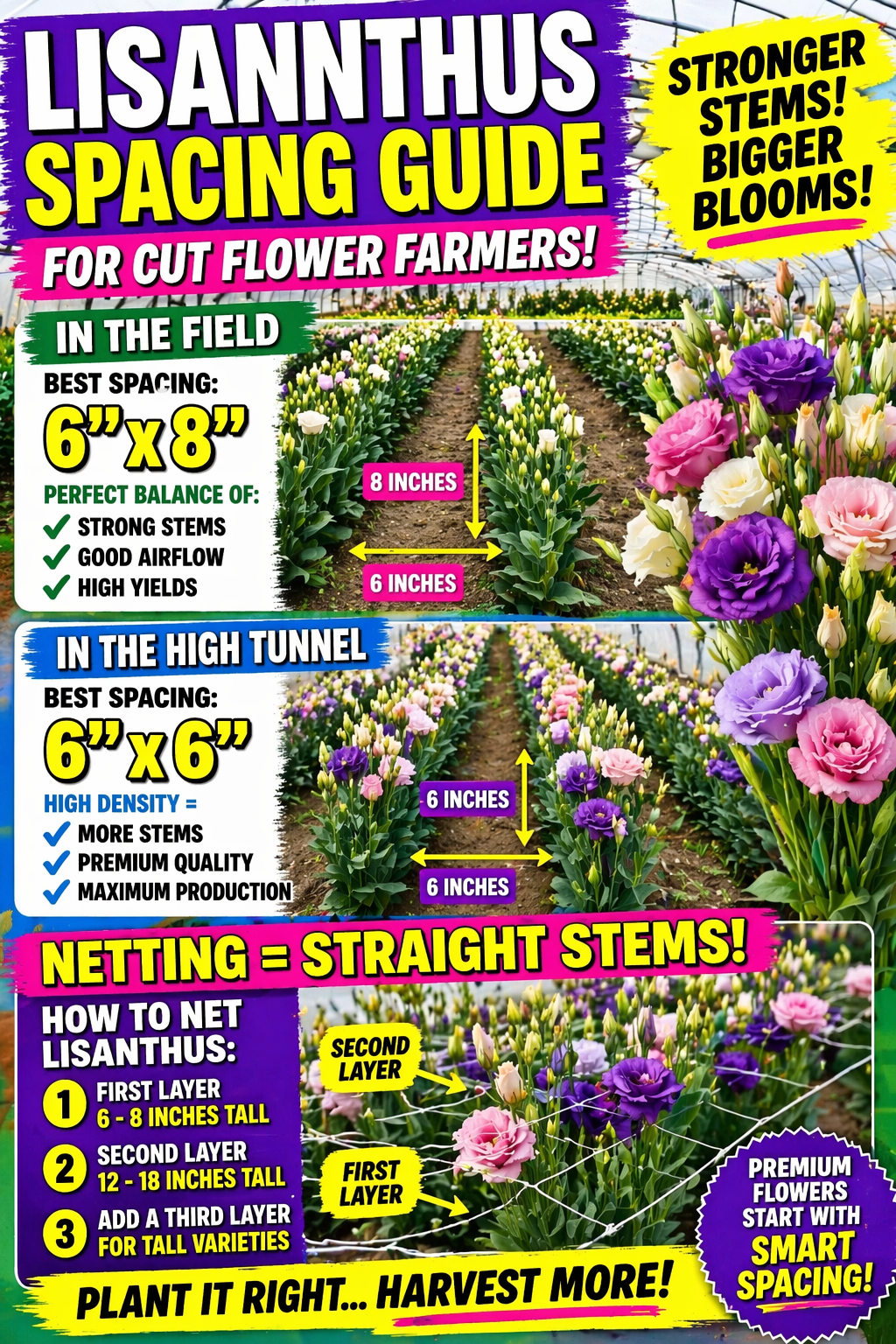 Lisianthus spacing guide showing plants in rows in a field and high tunnel with proper spacing and netting for strong stems and premium cut flower production