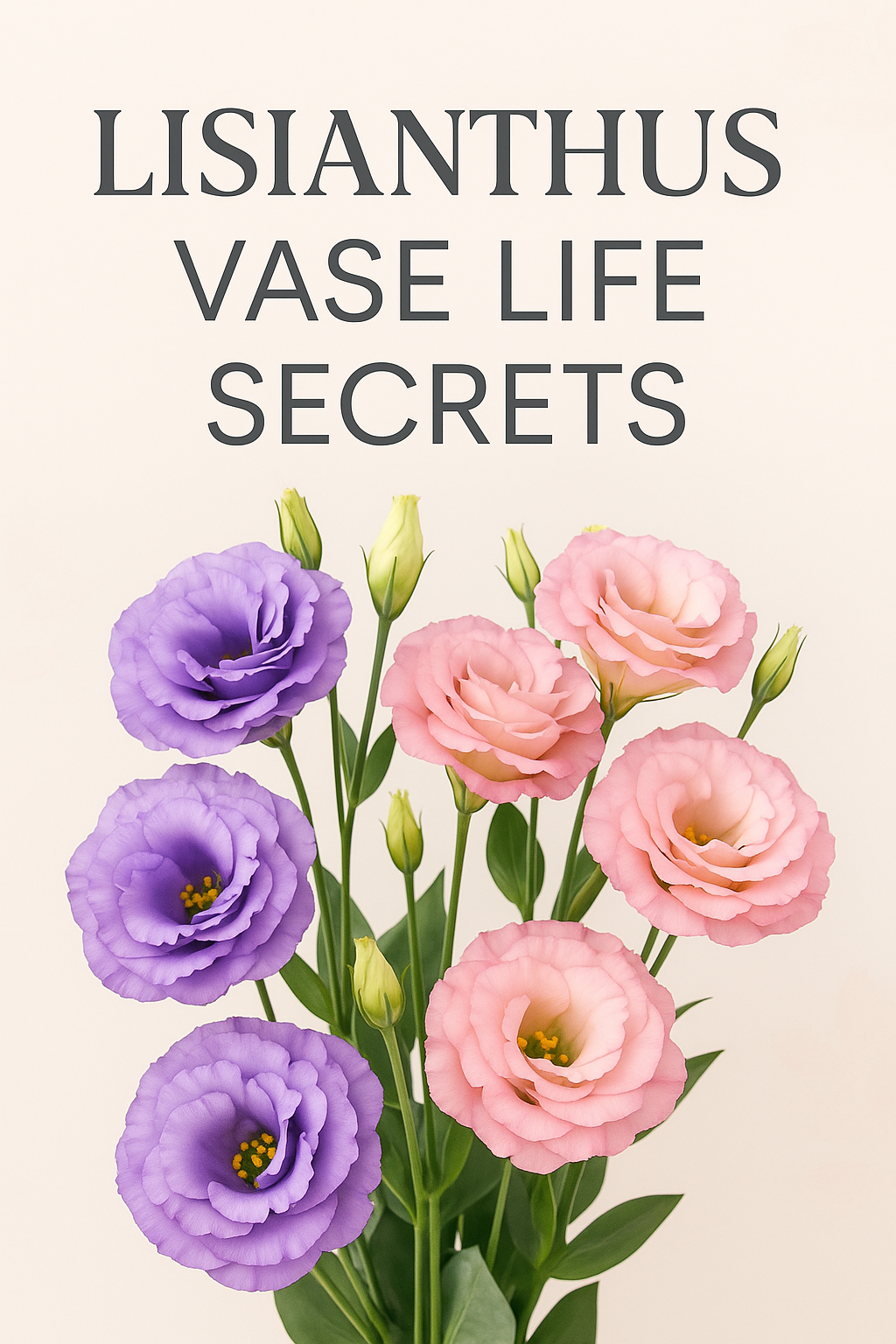 Bright lisianthus flowers in purple and pink with text overlay ‘Lisianthus Vase Life Secrets,’ designed as an eye-catching blog thumbnail for Pinterest, Facebook, and Google.