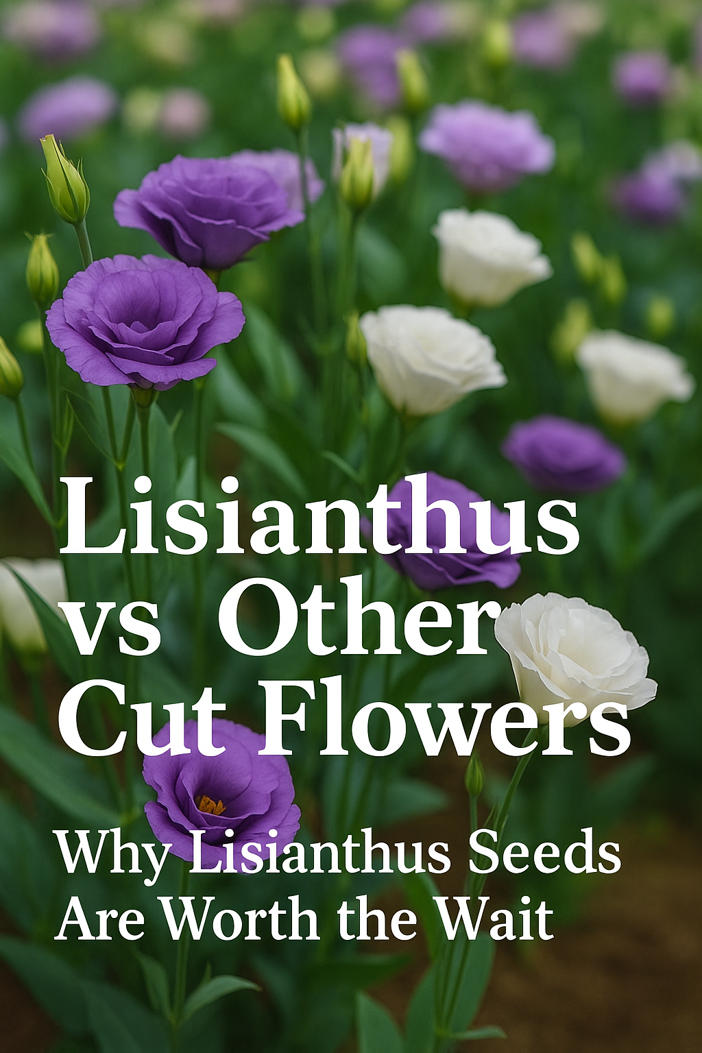Lisianthus flowers in bloom with overlay text Lisianthus vs Other Cut Flowers – Why Lisianthus Seeds Are Worth the Wait