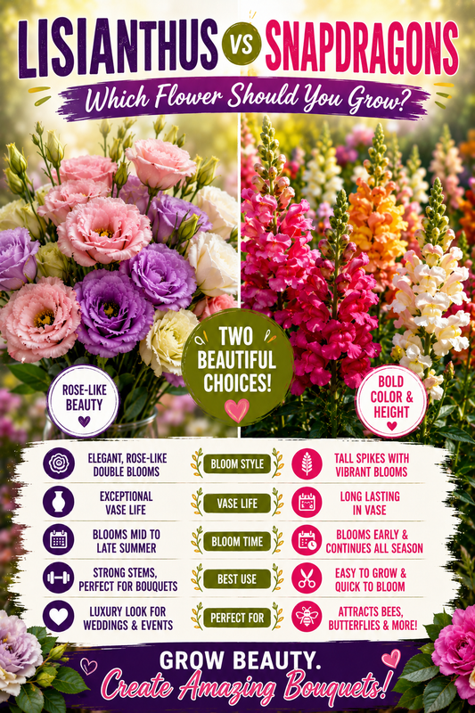 Lisianthus vs Snapdragons comparison for cut flowers, bouquets, and home gardens.