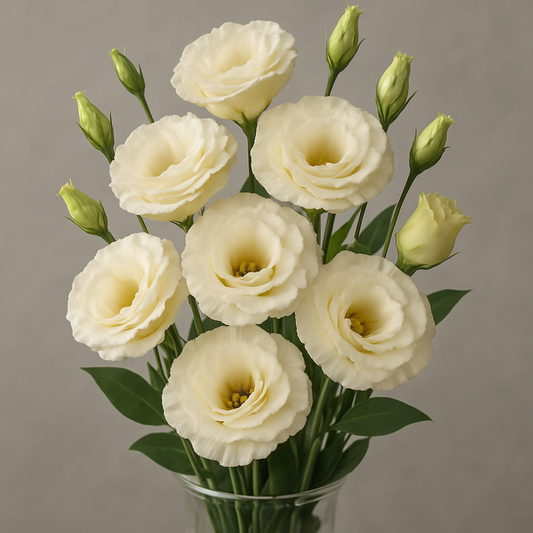 “Lisianthus white cut flower bouquet in a vase with long vase life and elegant blooms.”